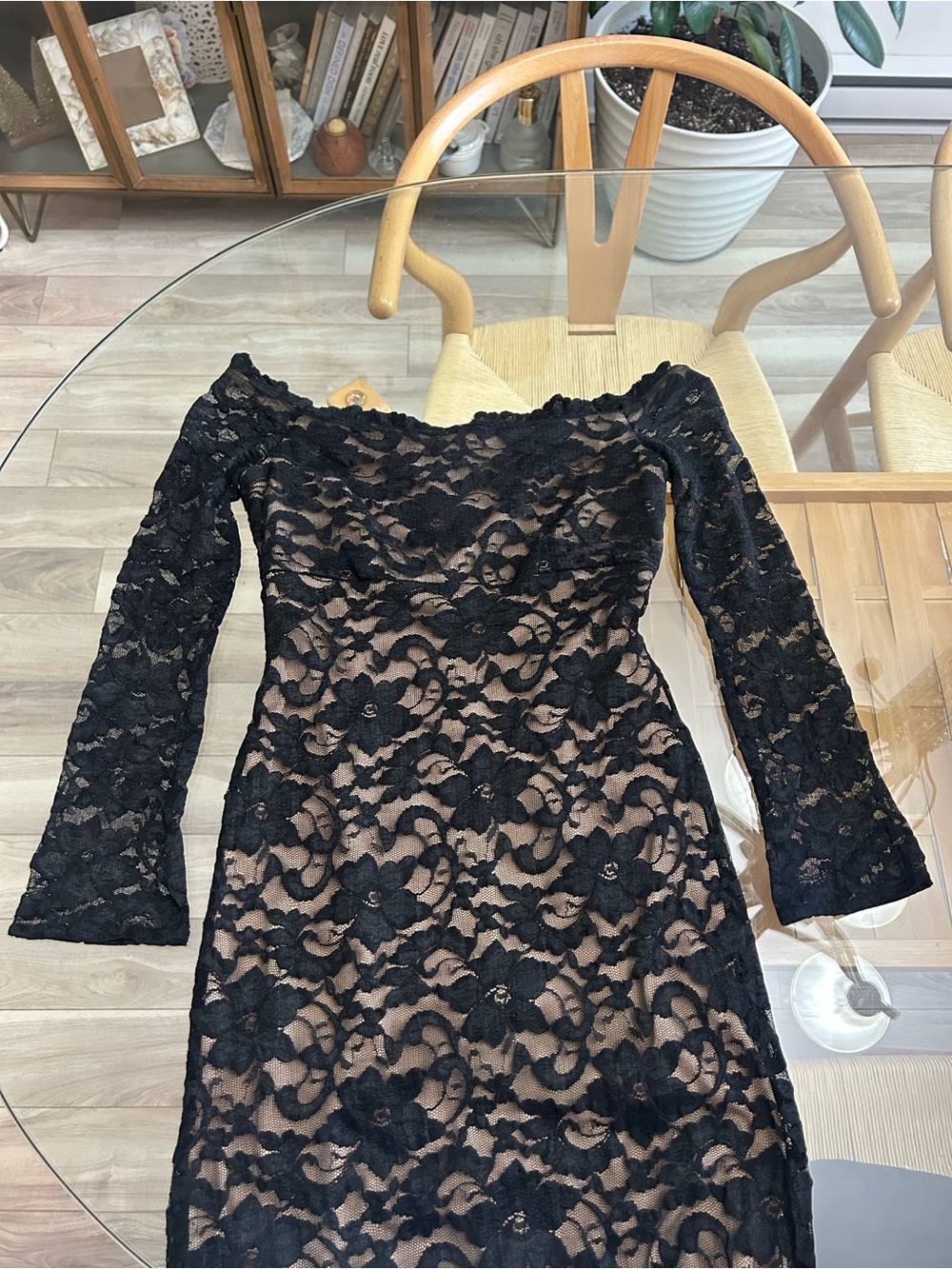 Vintage Lori Ann Petite Off Shoulder Midi Dress with Nude Lining